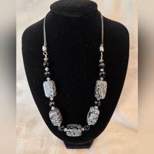 Handmade statement necklace featuring large rectangular snowflake obsidian gemst